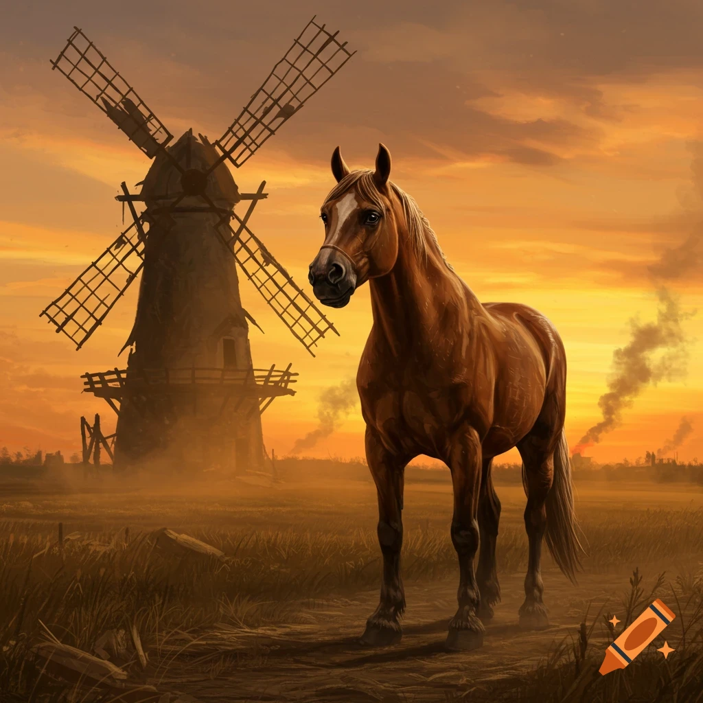 A brown horse stands in a grassy field before a broken windmill at sunset, with an orange sky. Digital art.