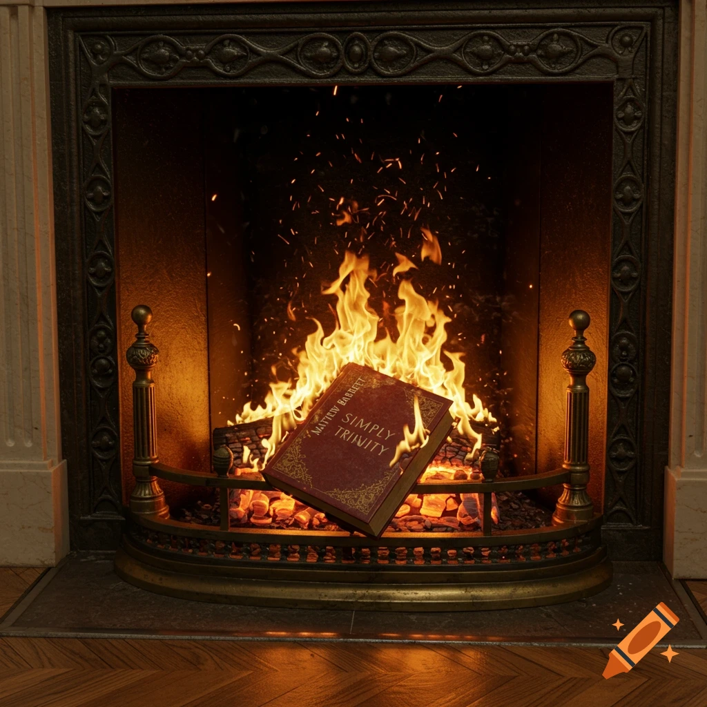 A photorealistic image of a red book titled 'Simply Trinity' by Matthew Barrett burning in an ornate fireplace with active flames and embers.