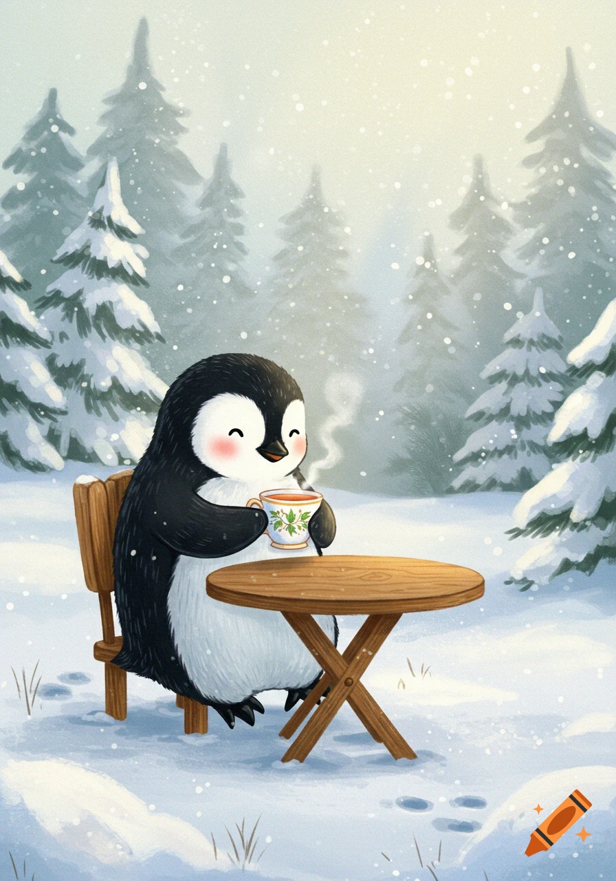 A cute cartoon penguin sips from a steaming teacup while sitting at a small wooden table in a snowy winter forest.