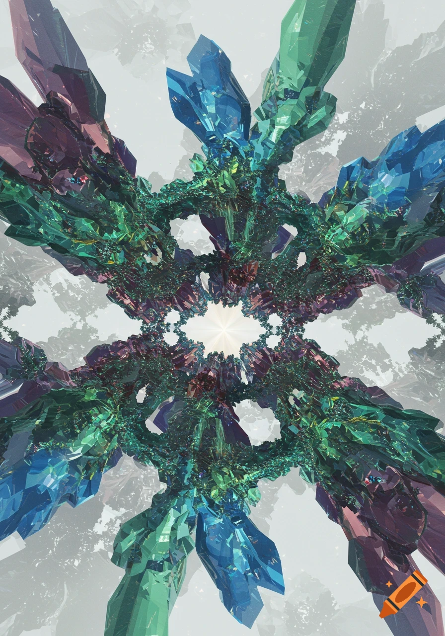 A symmetrical abstract fractal pattern made of shimmering green, blue, and purple crystals against a light background.