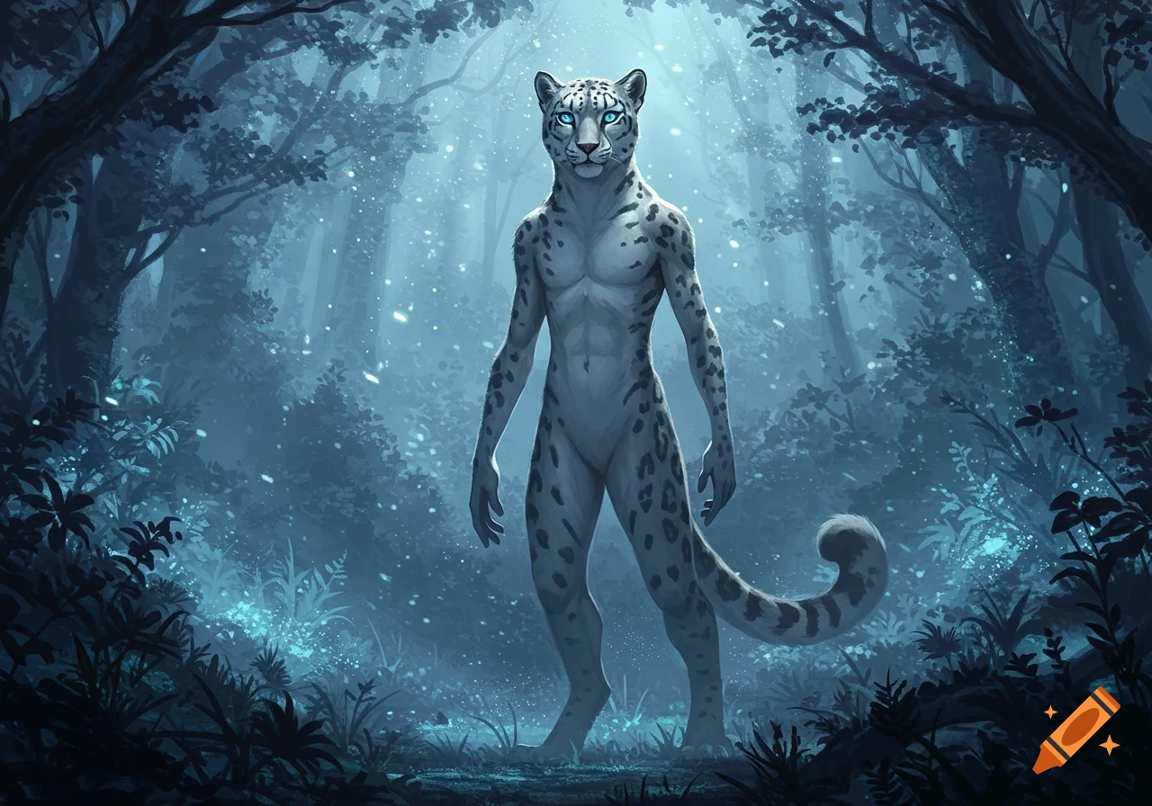 A majestic bipedal snow leopard with glowing blue eyes stands in a mystical, blue-lit forest, digitally painted.