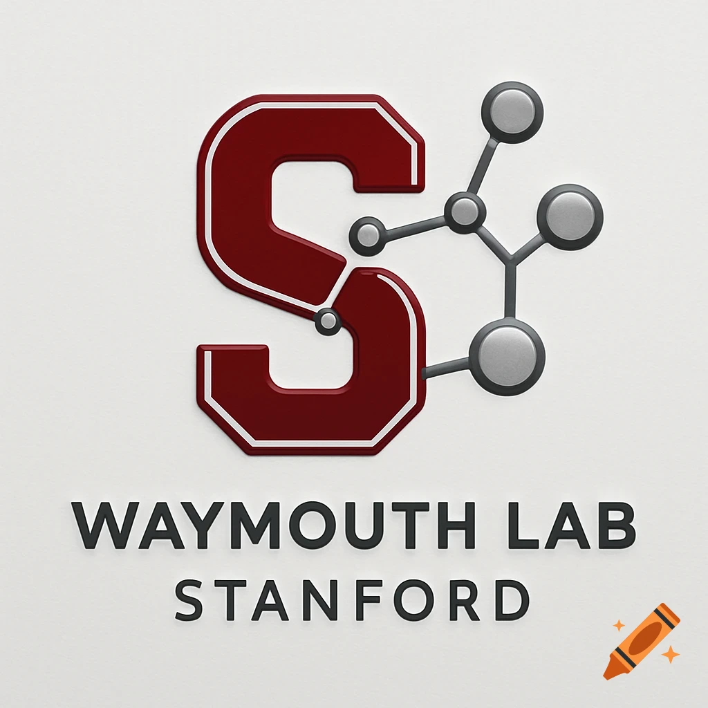 Logo for Waymouth Lab Stanford with a red stylized S connected to a molecular structure, and text below.