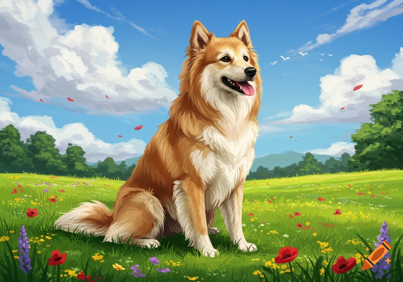 A fluffy light brown and white dog sits in a vibrant green meadow filled with colorful flowers under a bright blue sky.