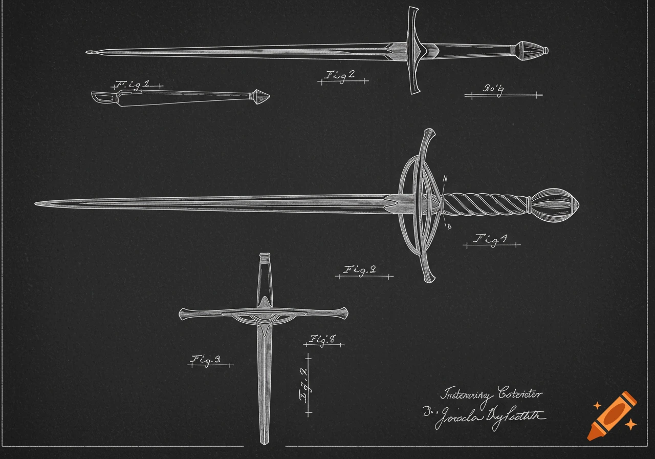 Blueprint schematic of several rapiers on a dark background.