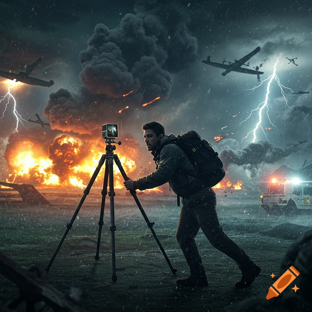 Photorealistic image of a man with a tripod and camera enduring a stormy disaster scene with explosions, lightning, and crashing planes.