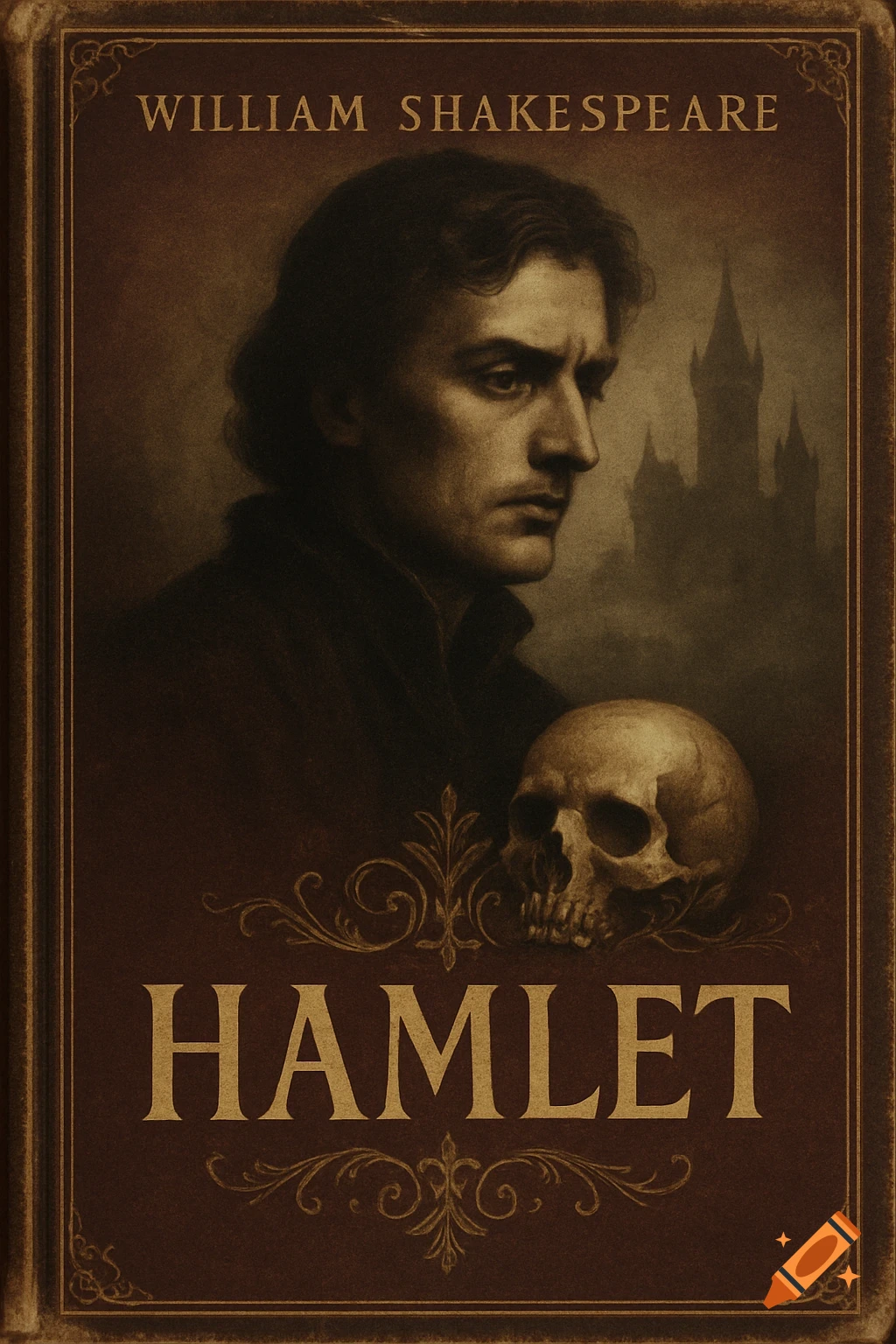 Vintage Hamlet book cover featuring a portrait of a pensive man, a skull, and a castle silhouette, with gold text.