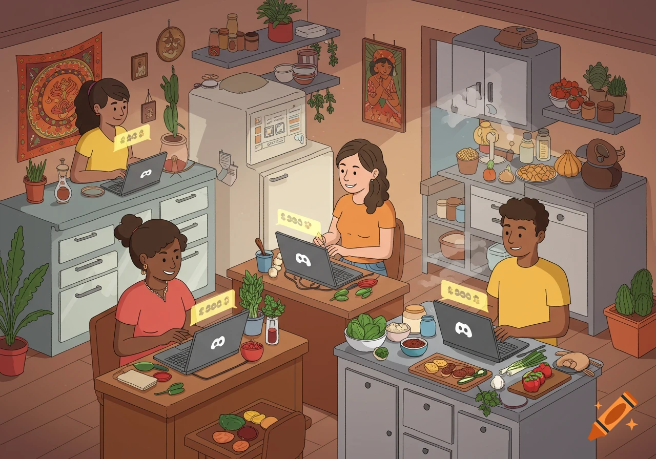 Cartoon illustration of diverse friends cooking and working on laptops virtually in their homes.