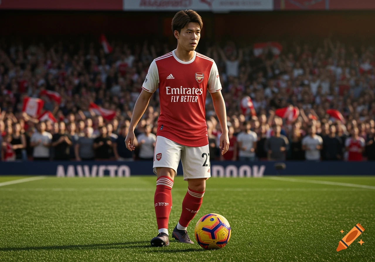 A male soccer player in a red and white Arsenal uniform stands on a green field with a yellow and pink soccer ball at his feet, facing the viewer. Spectators are in the blurred background.