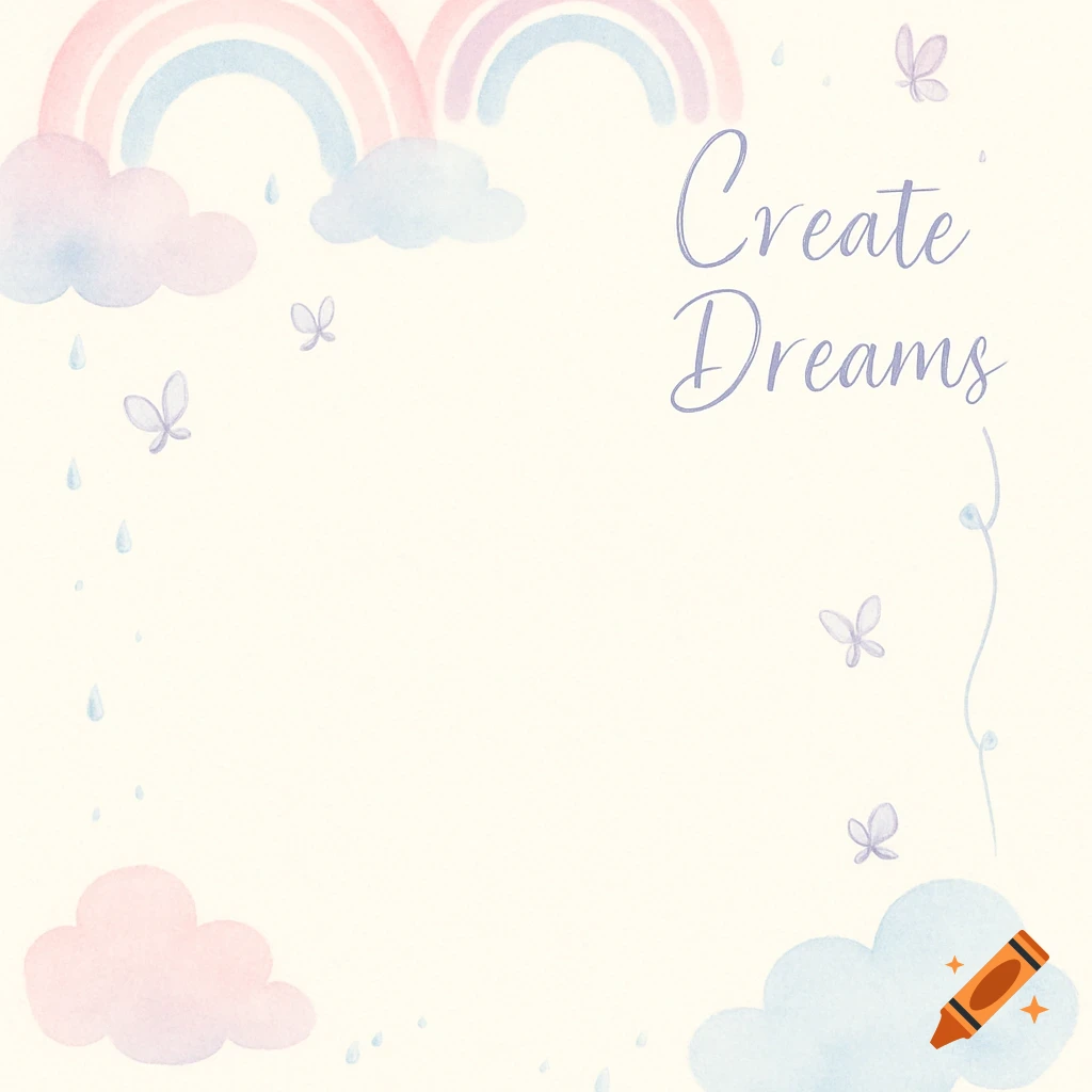 Watercolor illustration of two pastel rainbows above clouds, with raindrops, butterflies, and the text 'Create Dreams' on a cream background.
