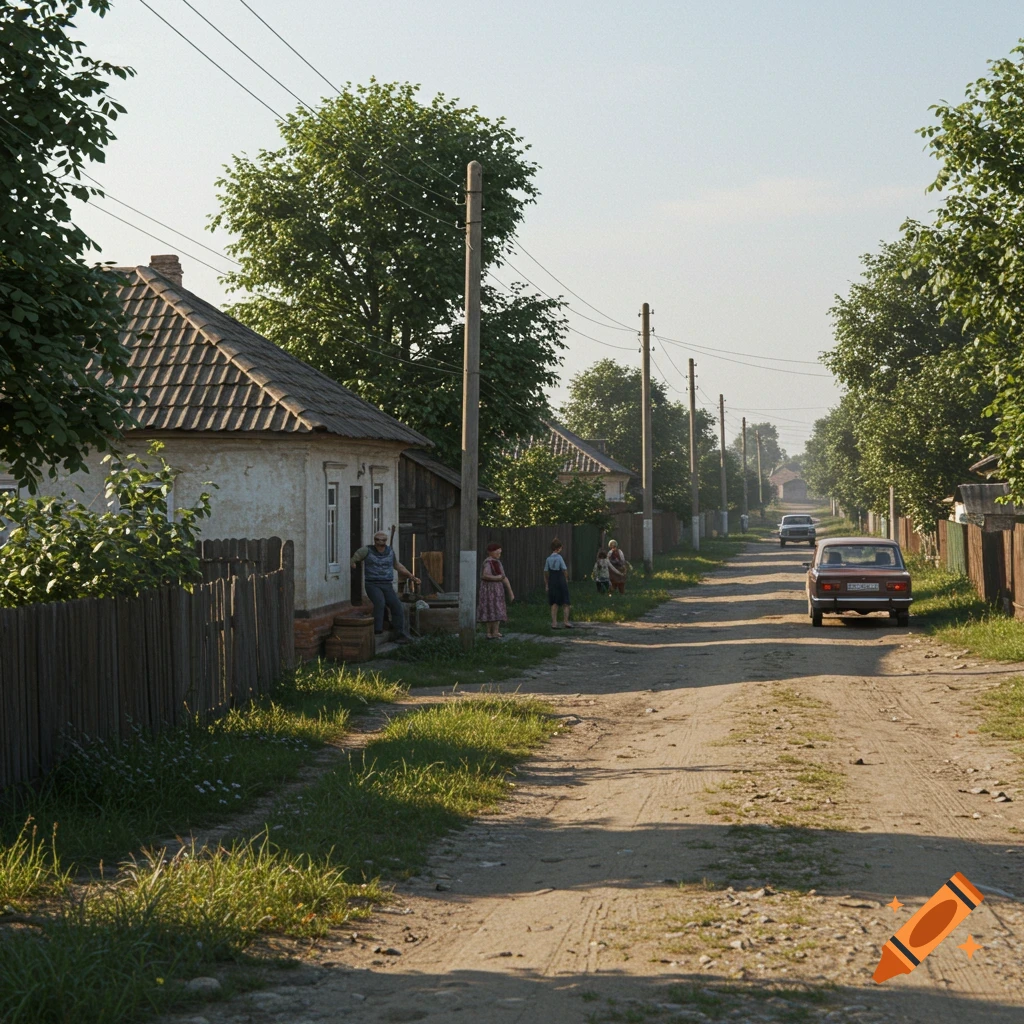 Photorealistic image of a dirt road in a Ukrainian village in 1979, with people outside houses and vintage cars.