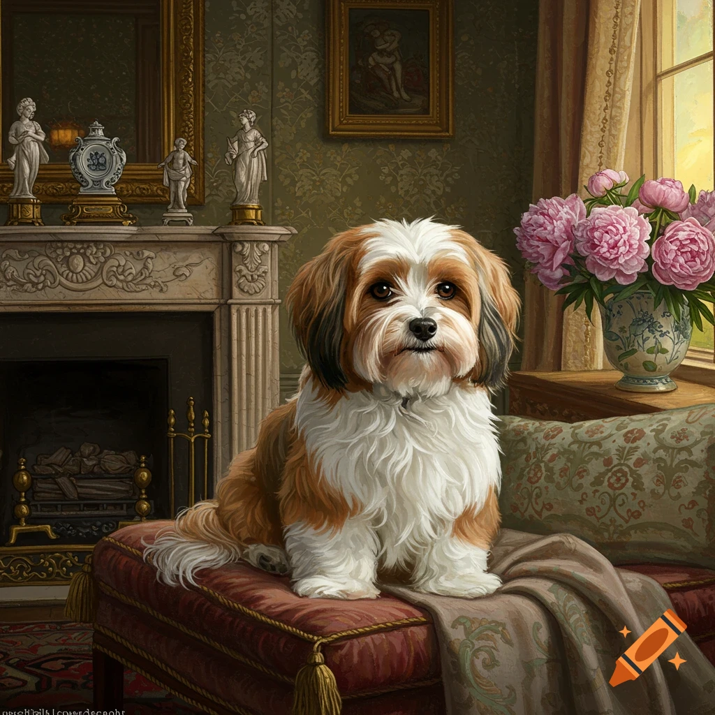 A fluffy Havanese dog sits on a red velvet ottoman in a grand room with a fireplace and pink flowers.