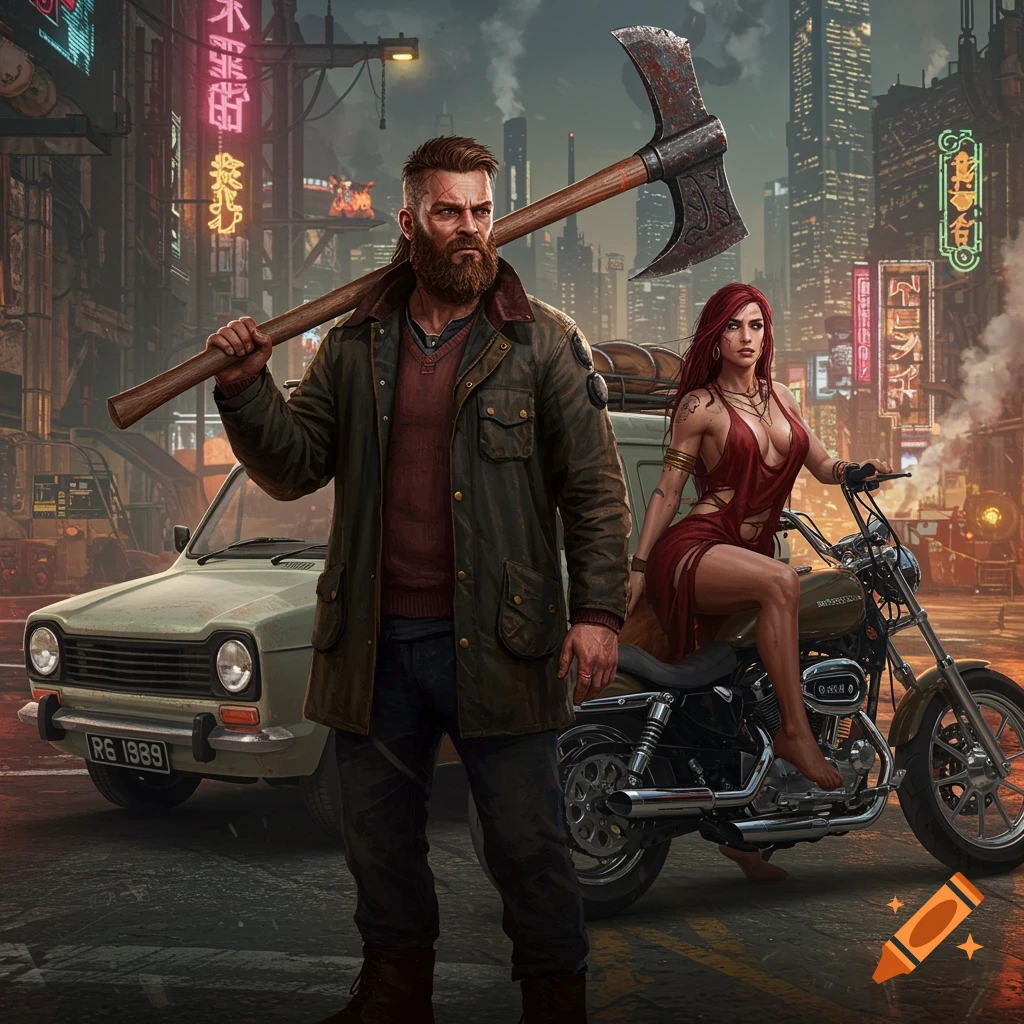 A bearded warrior with a battle-axe on his shoulder stands in front of a light-green vintage van and a woman in a torn red dress sitting on a motorcycle. The setting is a cyberpunk city with neon signs and tall buildings.