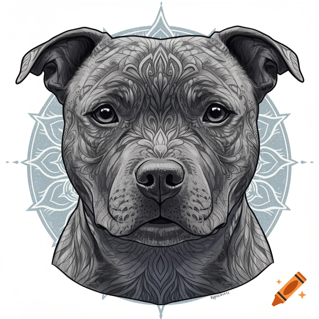 Close-up illustration of a Staffordshire Bull Terrier's face with intricate mandala-style patterns.