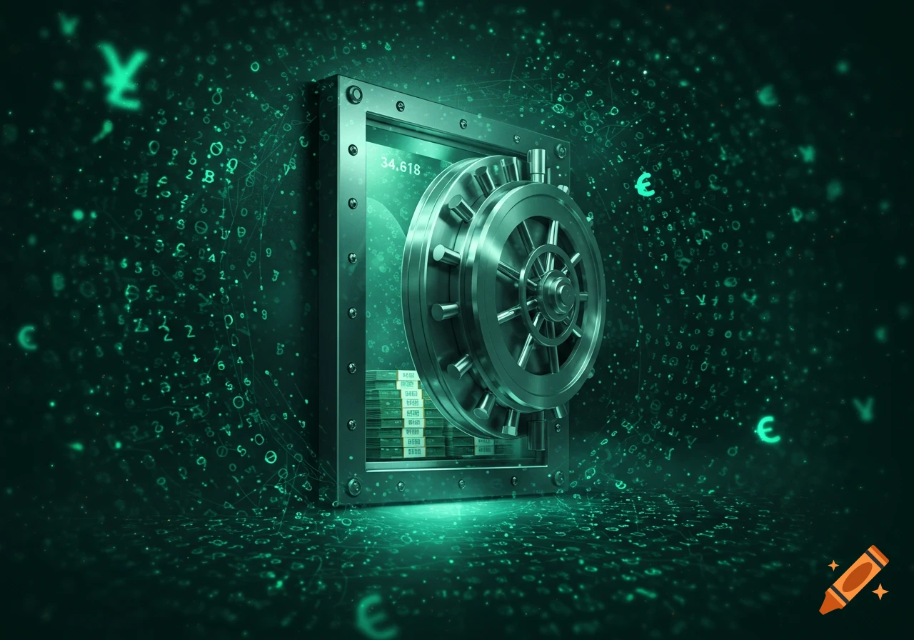 A photorealistic 3D render of a metallic vault with its door open, revealing digital money and the number 34.618, surrounded by green digital data and currency symbols.