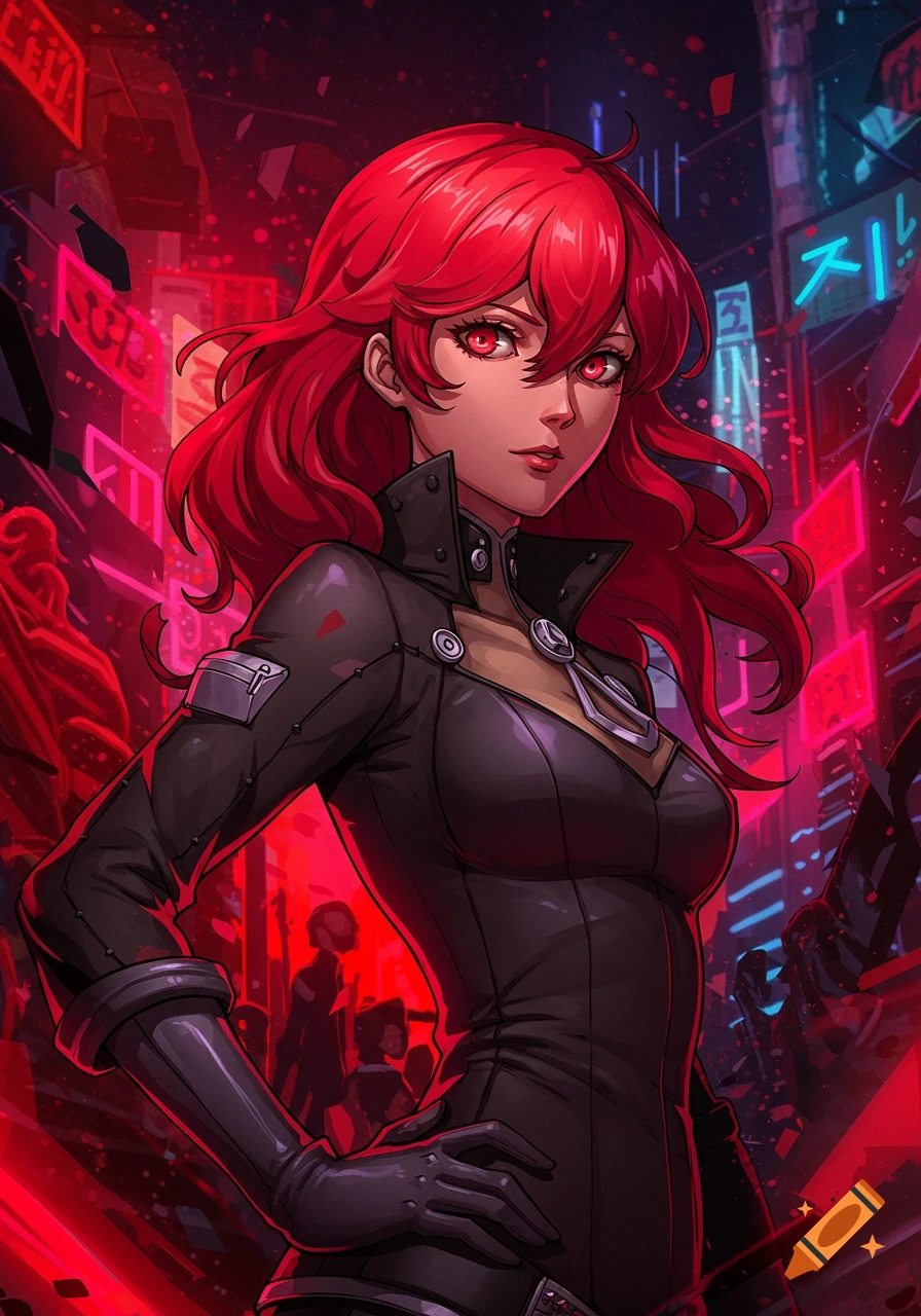A red-haired anime woman in a black outfit stands against a vibrant red and blue neon-lit cyberpunk city background.
