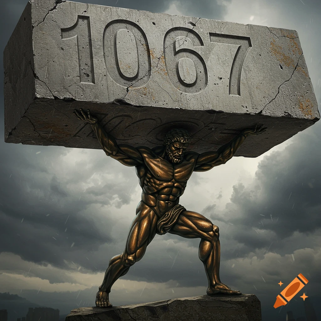 A bronze statue of Atlas struggles to hold up a large concrete slab with "1067" engraved on it under a stormy sky.
