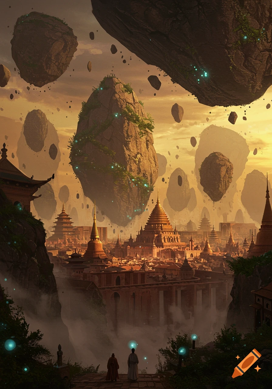 A vast ancient city with pagodas and temples under a sky filled with floating rocks. Two robed figures stand on a path in the foreground.