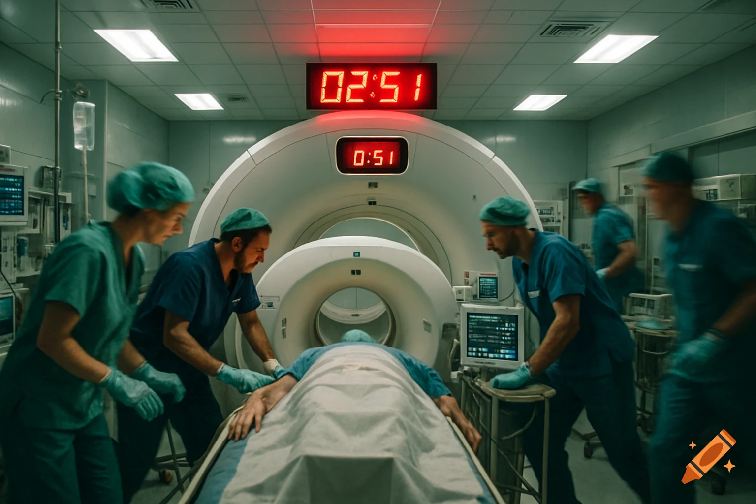 Medical staff move a patient into a CT scanner in a hospital room, with digital timers displayed.