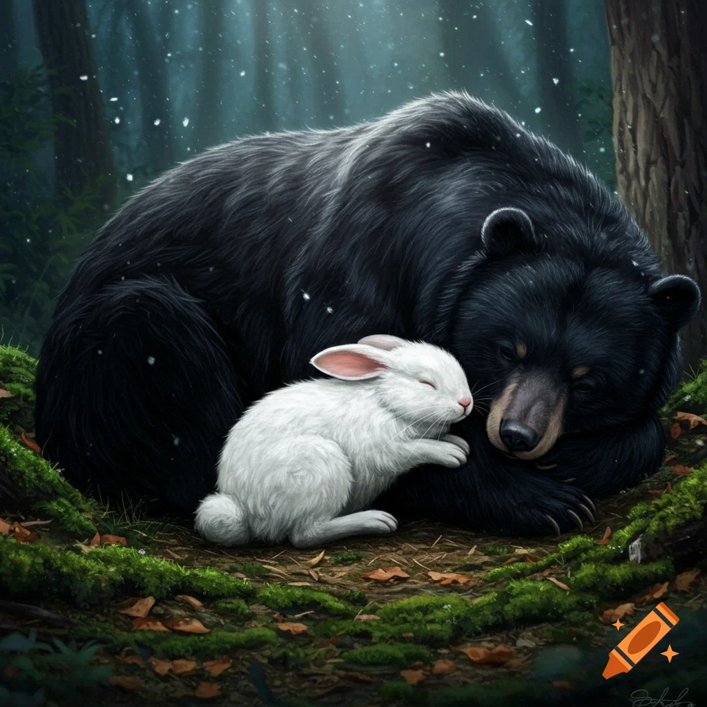 A large black bear and a small white bunny sleeping intertwined on a mossy forest floor with snow falling.