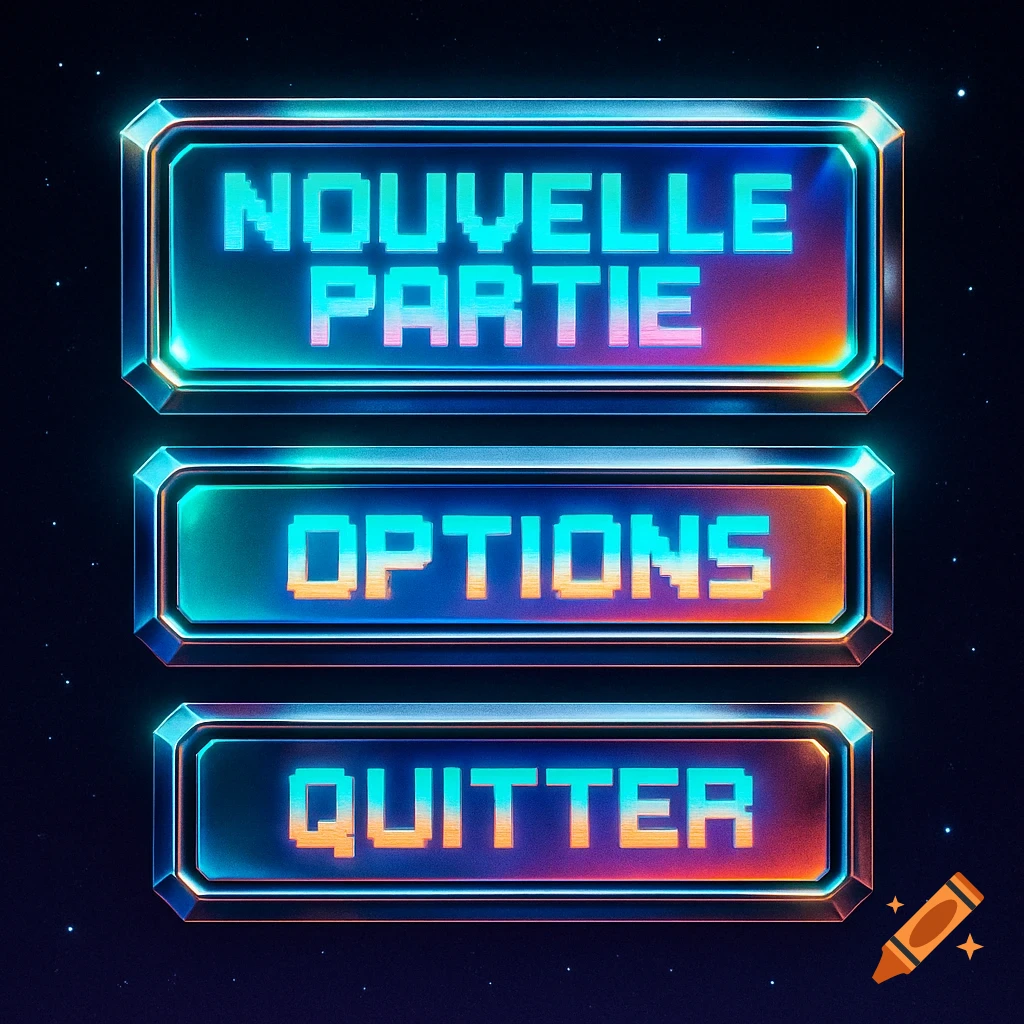 Three glowing retro-futuristic game UI buttons stacked vertically. They read 'NOUVELLE PARTIE', 'OPTIONS', and 'QUITTER' in pixelated font.