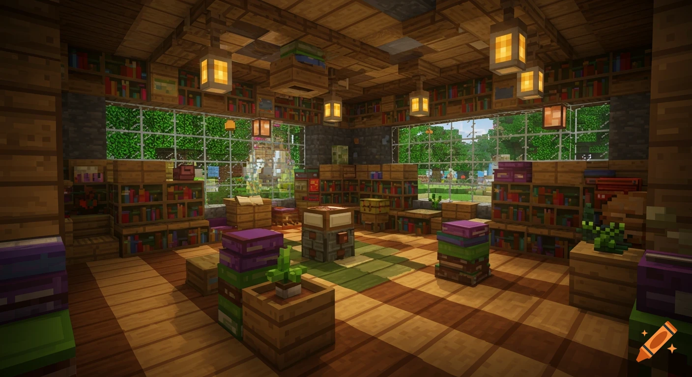 An interior view of a Minecraft library with wooden bookshelves, lanterns, and large windows looking out onto a grassy landscape.