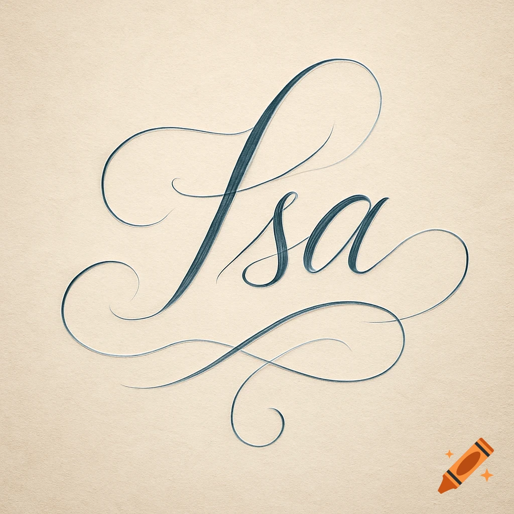 Elegant blue calligraphic signature of the name 'Isa' on a light beige background.