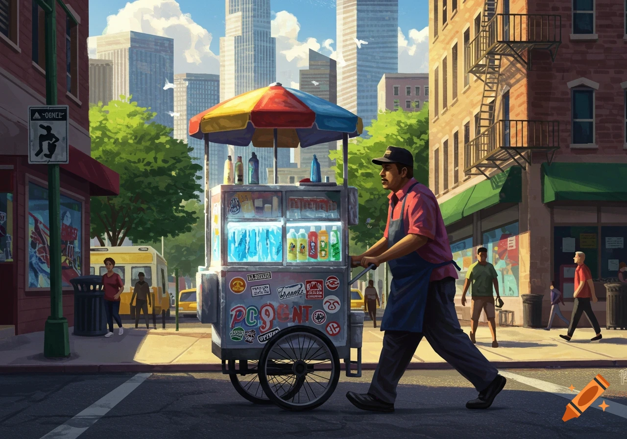 An animated street scene showing a man pushing a colorful ice cream cart down a city sidewalk with tall buildings.