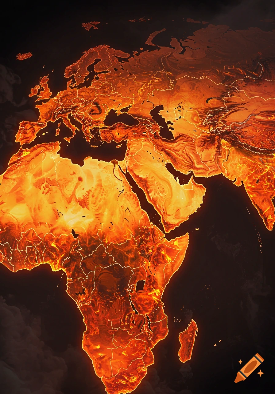 A glowing, fiery map of Europe, Africa, and the Middle East on a dark background, with white lines showing country borders.