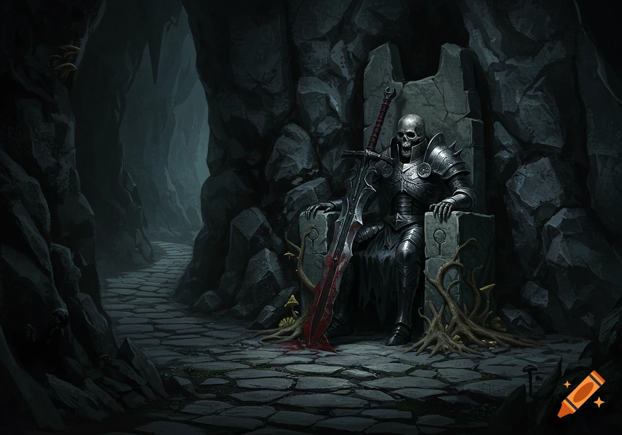 A skeleton knight in dark armor sits on a stone throne in a dimly lit cave, a large bloody sword resting beside him.