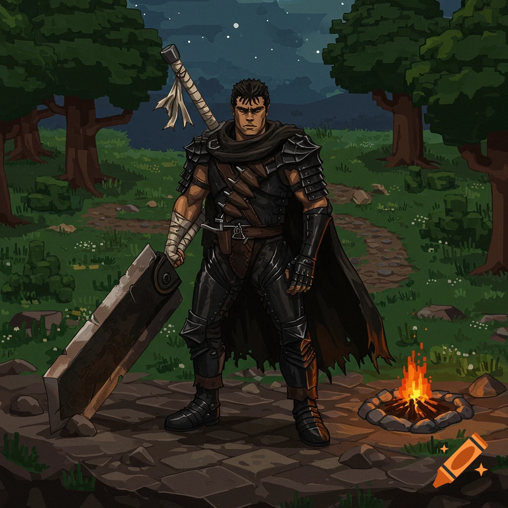 Guts from Berserk, in Old School Runescape pixel art style, stands with a large sword by a campfire in a forest at night.