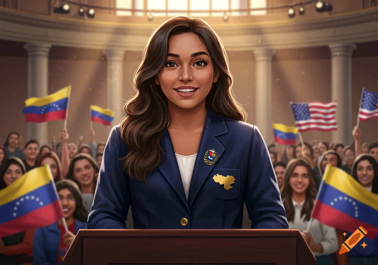 An illustrated portrait of a young woman speaking at a podium, with Venezuelan and American flags, and a crowd behind her.