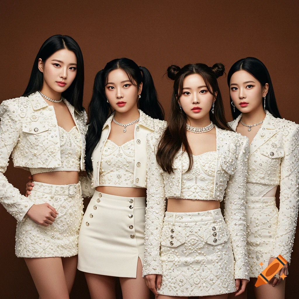 Four Korean K-pop girls in pearl-white, embellished crop jackets and skirts, standing against a brown backdrop.