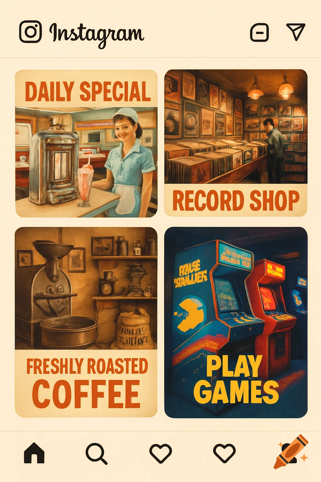 A stylized Instagram feed with four posts. The top left shows a diner scene with a waitress and a milkshake, titled "DAILY SPECIAL". The top right shows a record shop, titled "RECORD SHOP". The bottom left shows coffee roasting equipment, titled "FRESHLY ROASTED COFFEE". The bottom right shows two arcade machines, titled "PLAY GAMES". The overall style is vintage and painted.