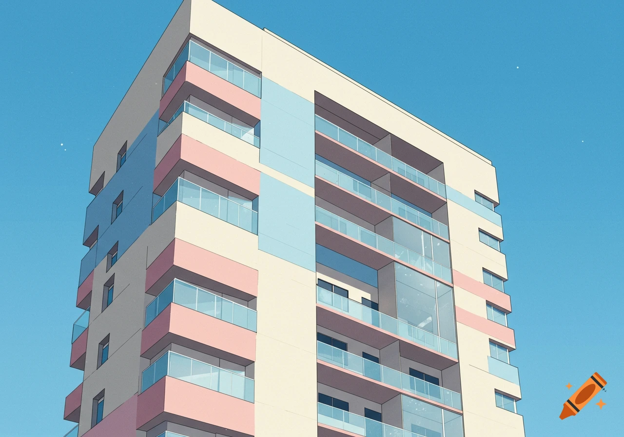 An abstract, minimal apartment building with beige, pink, and light blue sections against a clear blue sky.