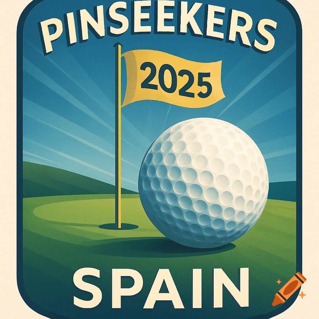 Golf emblem with a white golf ball, yellow flag with '2025', green course, blue sky. 'PINSEEKERS' at top, 'SPAIN' at bottom.