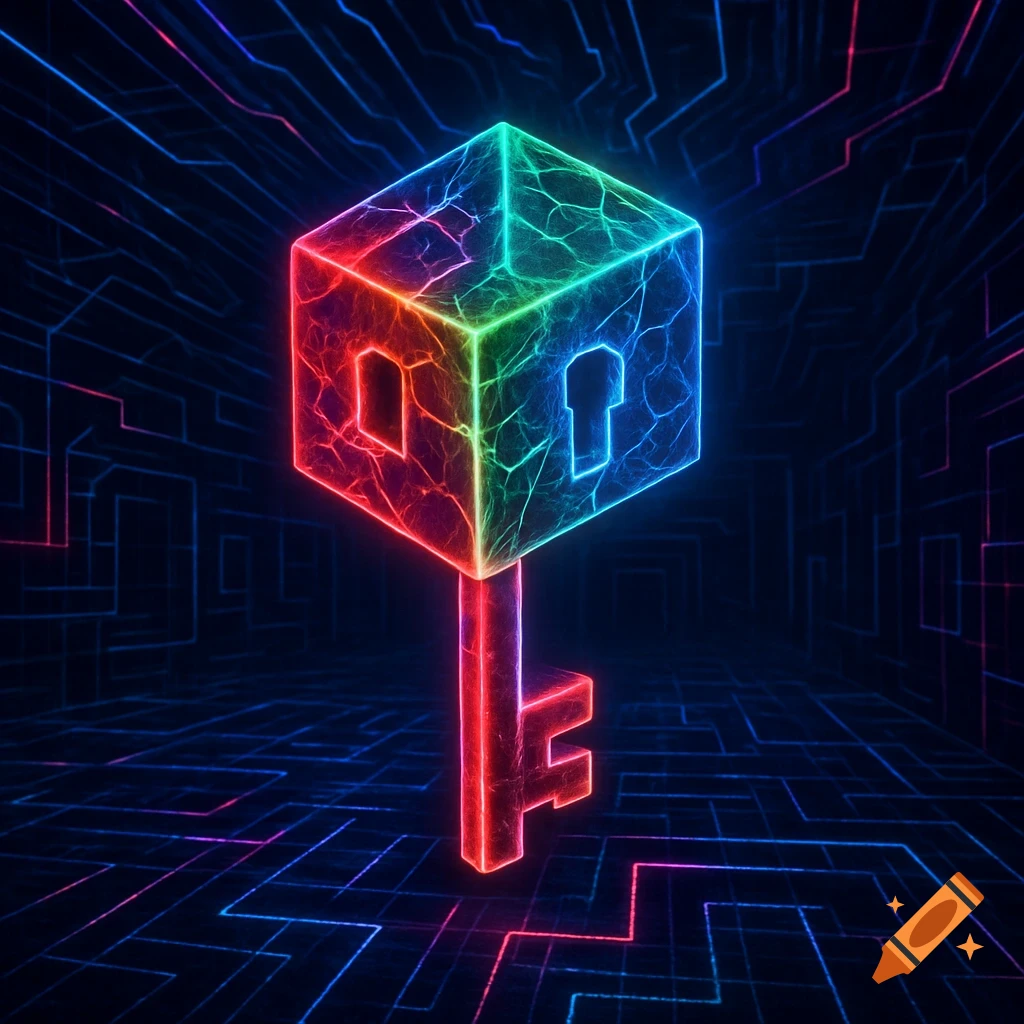 A glowing, neon cube key with red, green, and blue faces, featuring a keyhole and window cutout, stands on a dark, cybernetic background with glowing circuit lines.