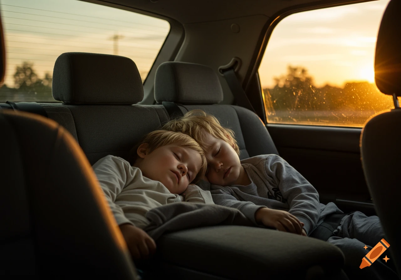 Two young children with blonde hair sleeping peacefully in the backseat of a car, illuminated by golden sunset light streaming through the window.