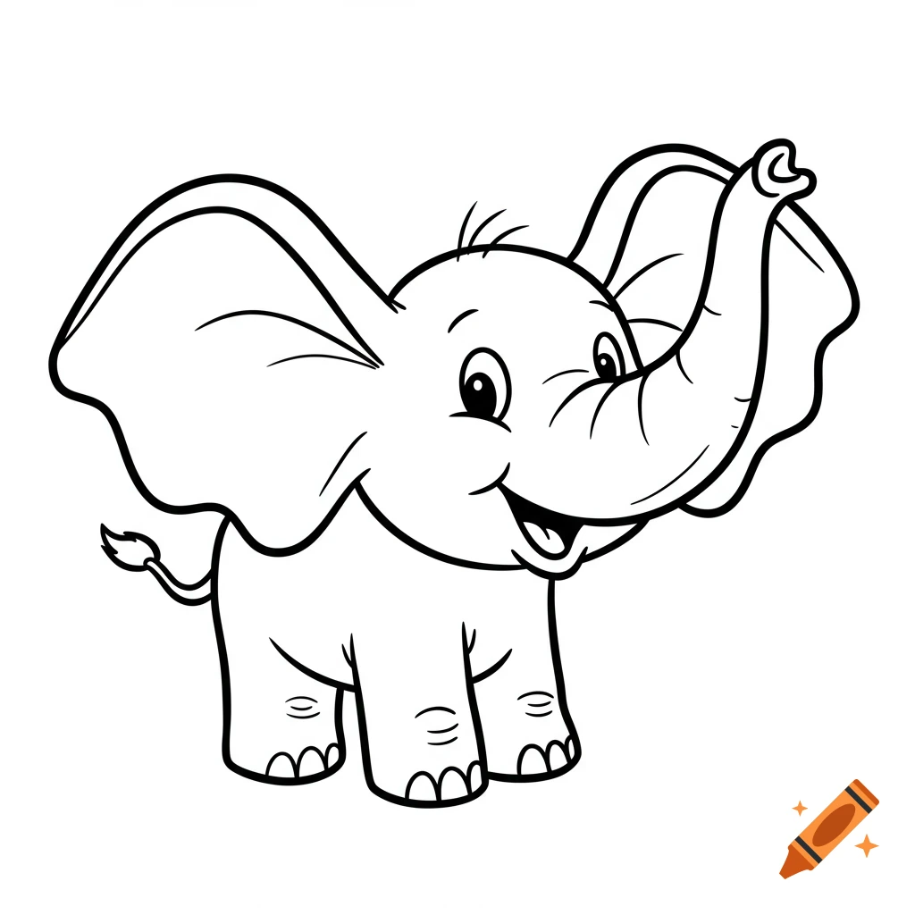 A black and white cartoon elephant, standing with its trunk raised, designed as a coloring page.