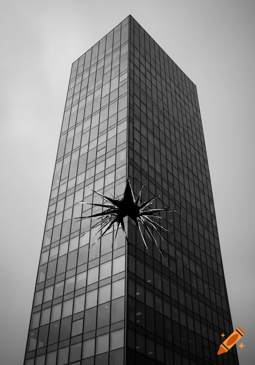 A low-angle black and white shot of a modern glass skyscraper with a large, star-shaped hole in its side.