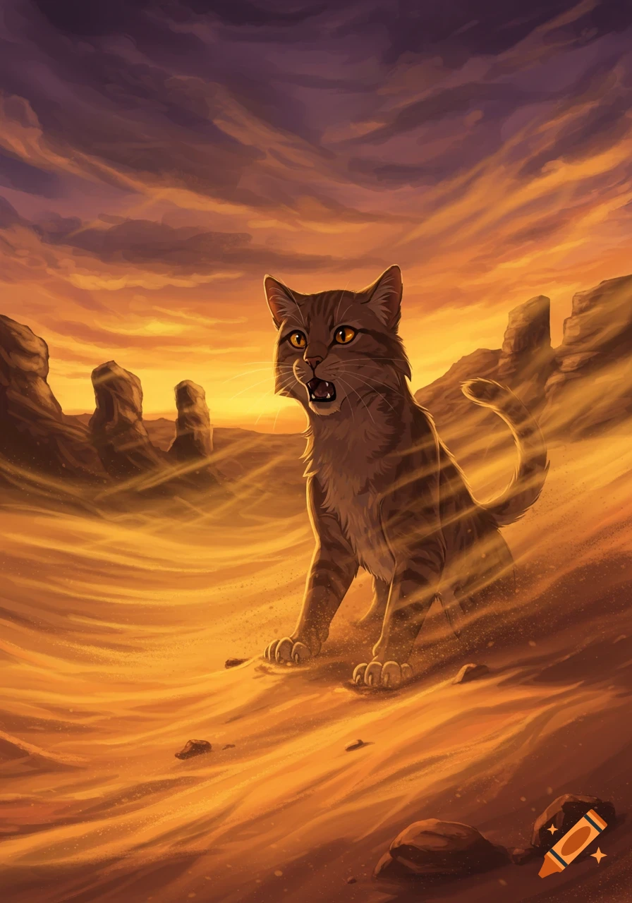 A brown tabby cat with orange eyes stands in a windy, orange desert with rock formations under a dramatic sky.