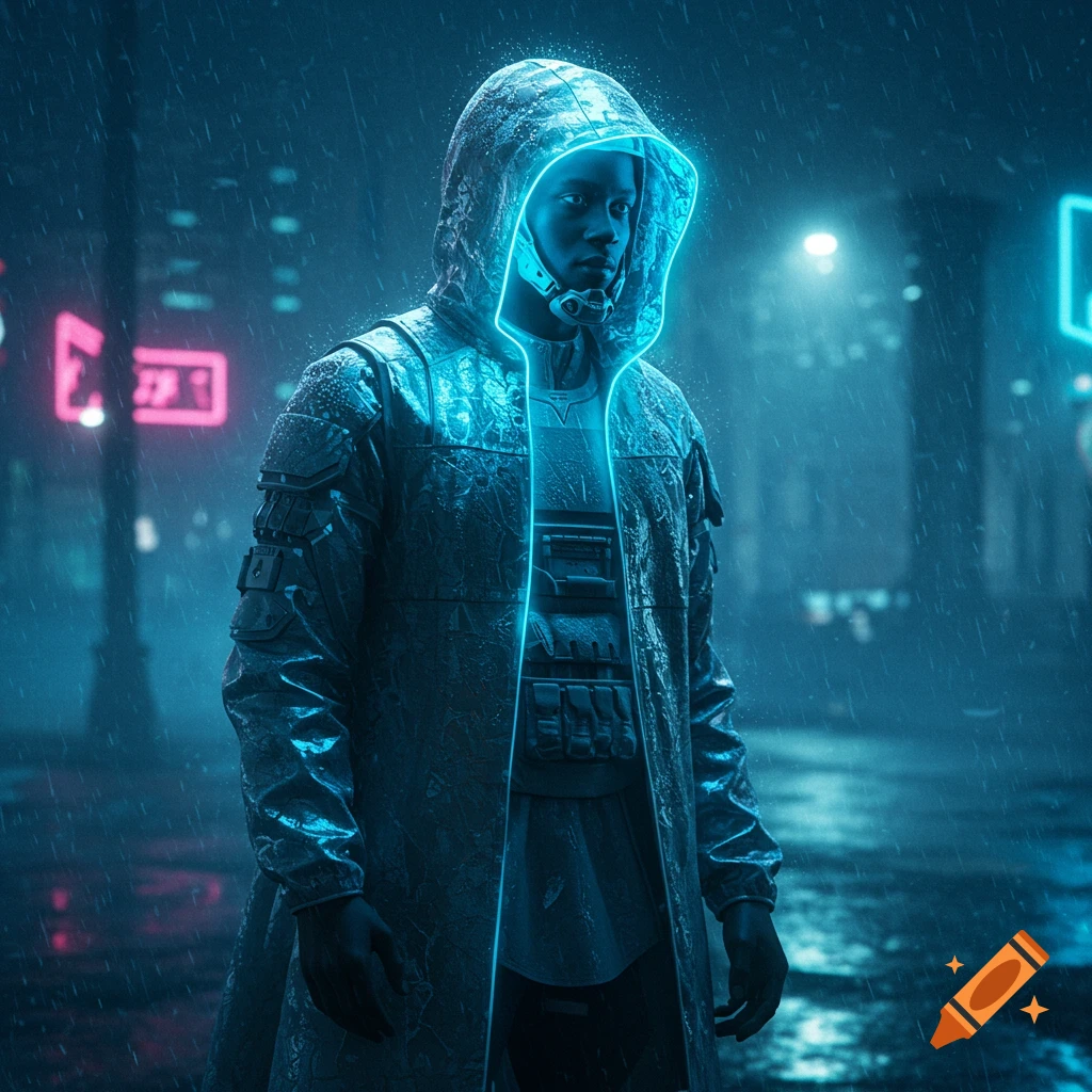 A person in a futuristic, arctic military-style raincoat with glowing blue accents stands in the rain at night in a neon-lit city.