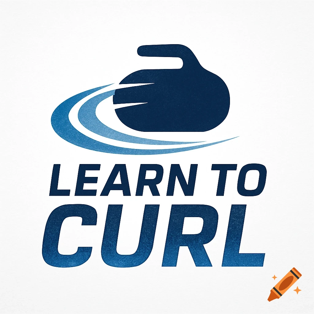 A blue and light blue logo featuring a dark blue curling stone icon above the words "LEARN TO CURL".
