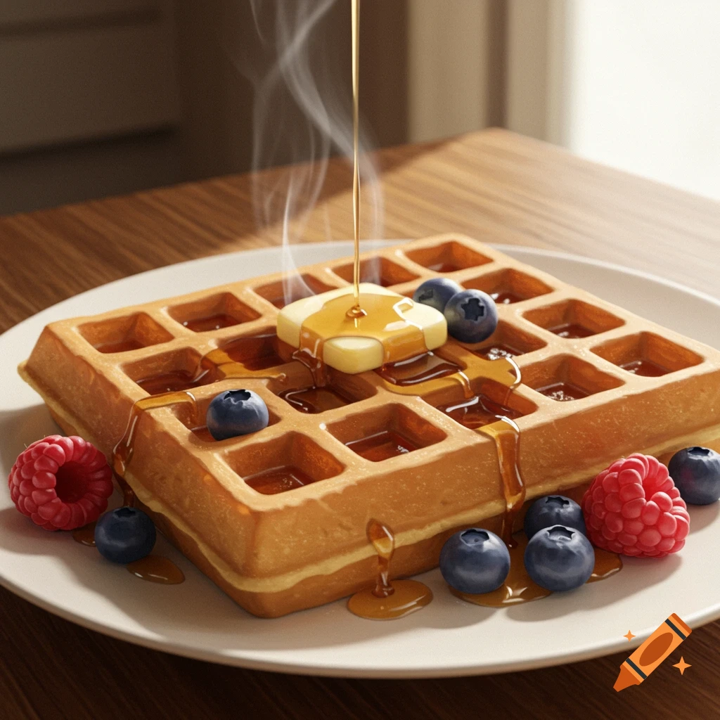 Photorealistic image of a golden brown waffle topped with melting butter, dripping syrup, and fresh blueberries and raspberries.