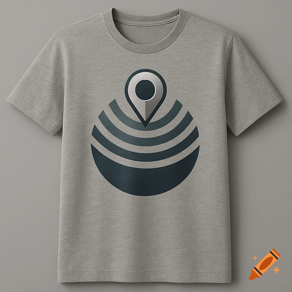 A gray t-shirt featuring a dark blue and silver logo of a location pin above concentric radar-like waves.