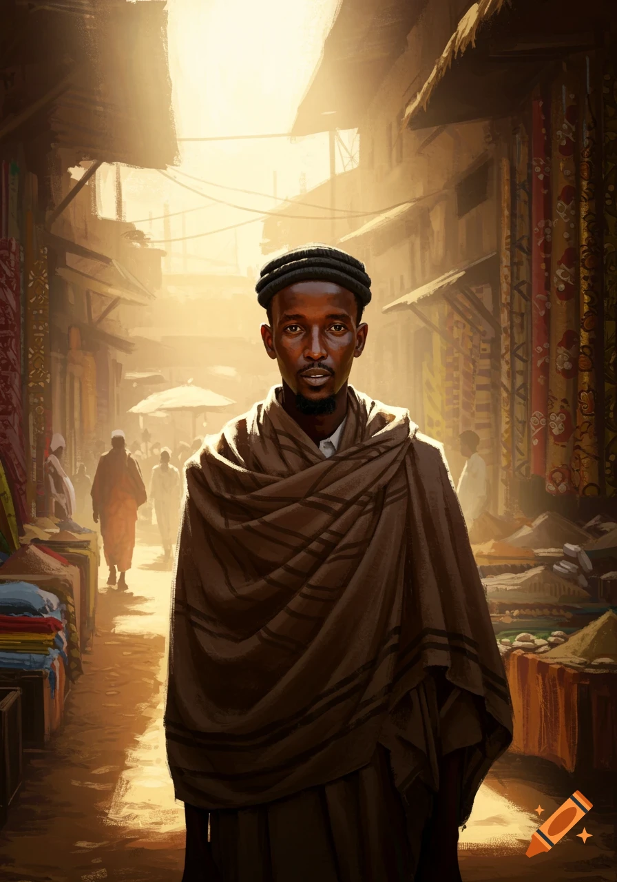 A man wearing traditional attire stands in a sunlit marketplace.