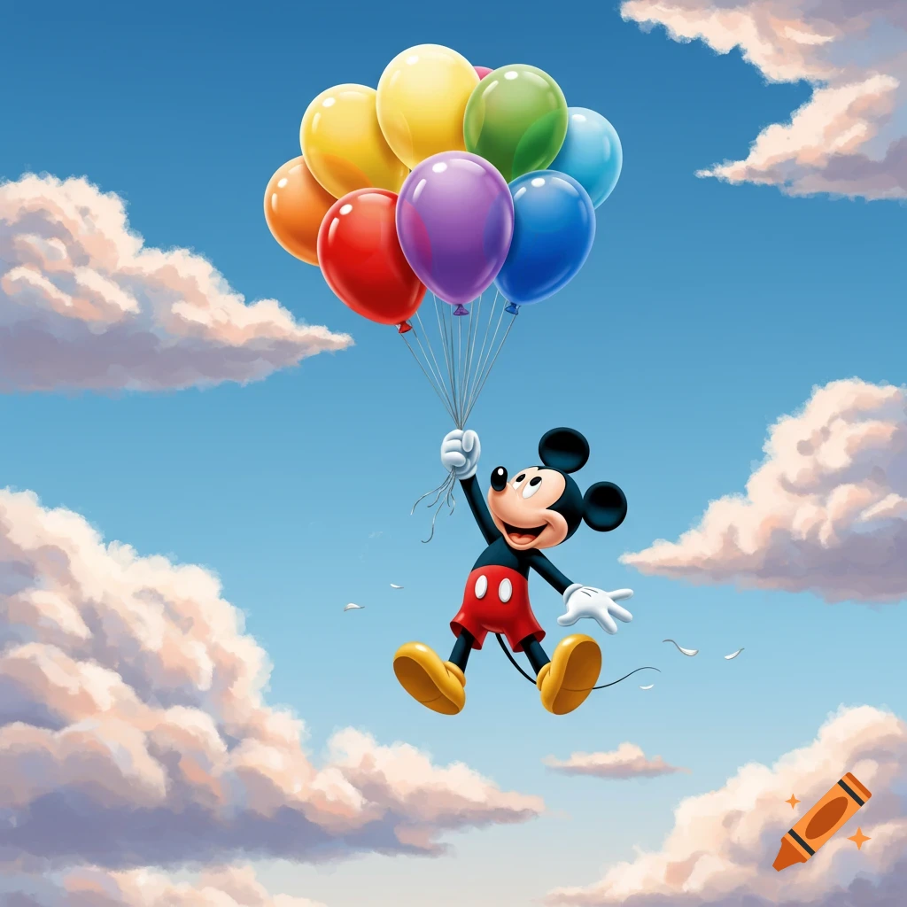 Mickey Mouse flying high in a blue sky, holding a large bunch of colorful balloons, surrounded by fluffy white clouds.