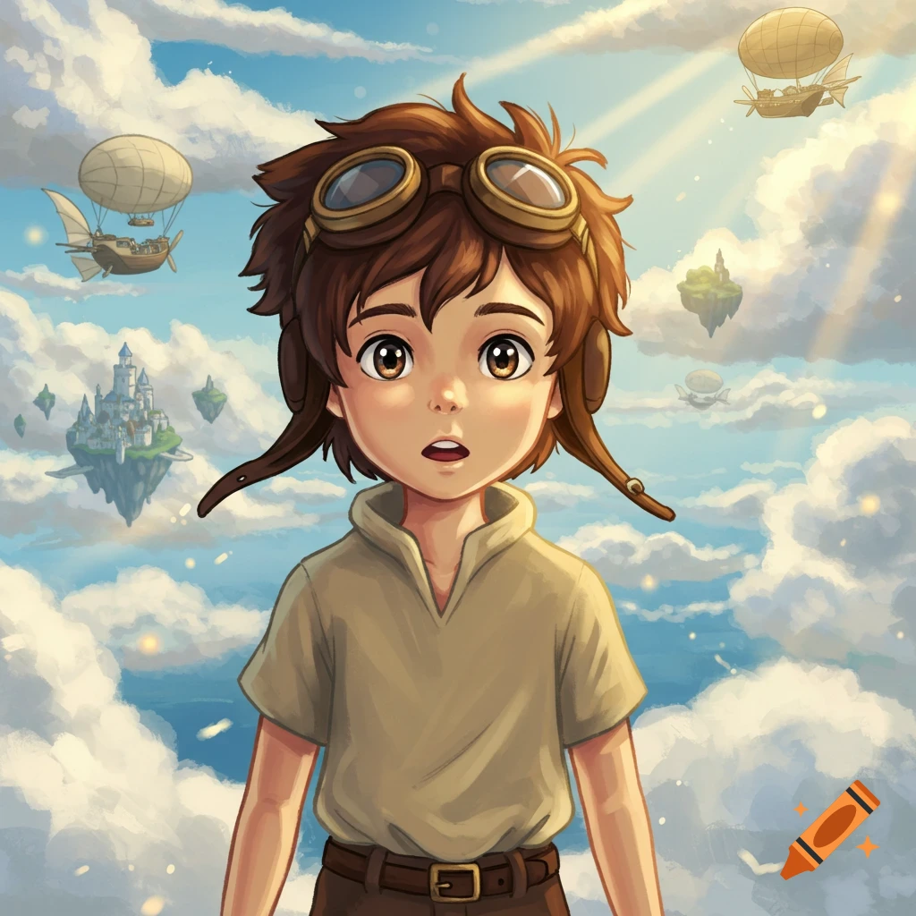 An anime boy with goggles and a pilot's hat looks surprised in a sky filled with clouds, floating islands, and airships.