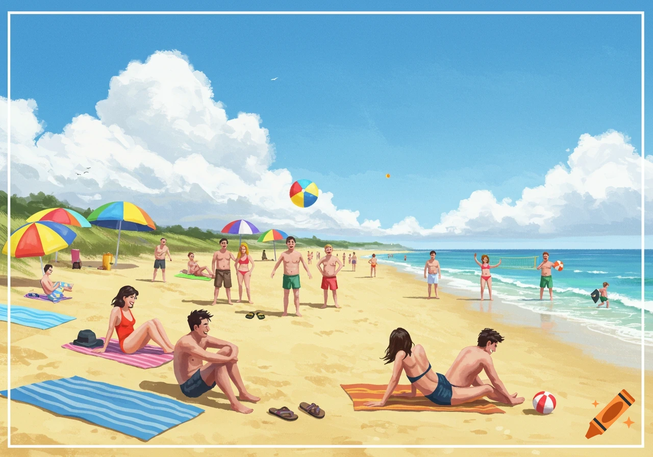 A vibrant illustration of people enjoying a sunny day at a sandy beach with colorful umbrellas and an ocean.