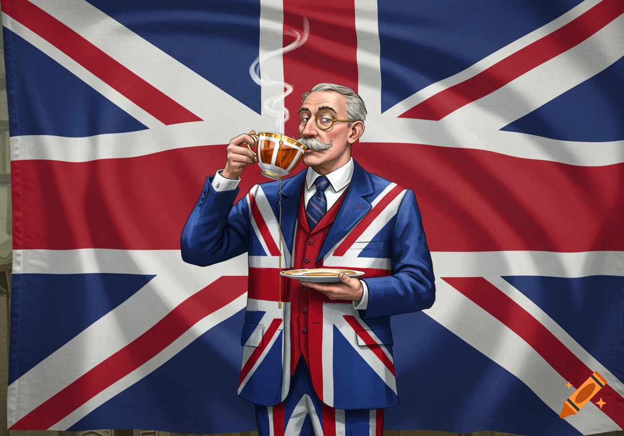 An older man with a monocle and mustache, dressed in a Union Jack patterned suit, sips tea in front of a large British flag.