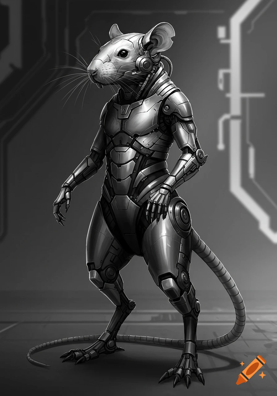 A monochrome illustration of a bipedal rat in a detailed futuristic metallic exosuit, standing in a sci-fi setting.